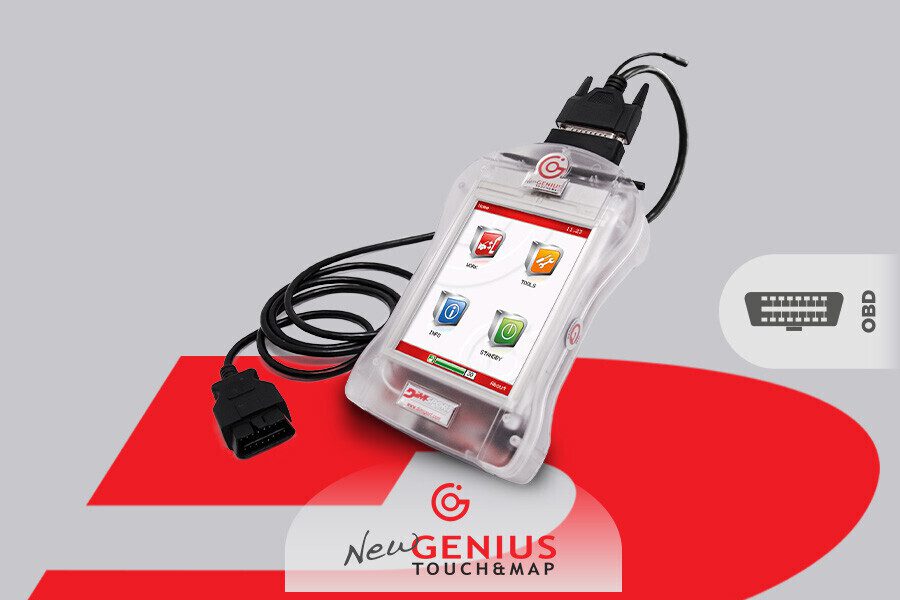 High-tech automotive workshop showcasing Dimsport Brain Programming with a sporty car and ECU devices.